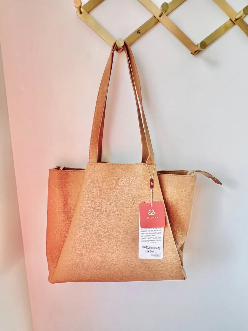 Lovevook Laptop Tote 15.6 inch faux leather bag with clutch in Apricot Brown NWT